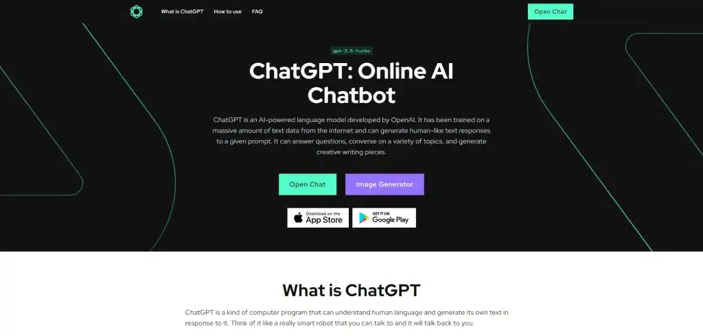 Screenshot of ChatGPT website homepage showcasing AI prompts. The header reads "ChatGPT: Online AI Chatbot" with buttons labeled "Open Chat" and "Image Generator" below. The page also features app download links and a detailed "What is ChatGPT" section.