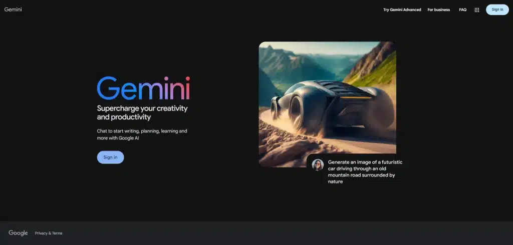 A webpage promoting "Gemini" with a sign-in button. An image of a futuristic car, enhanced by AI prompts, drives on a mountainous road, showcased on the right side of the page.