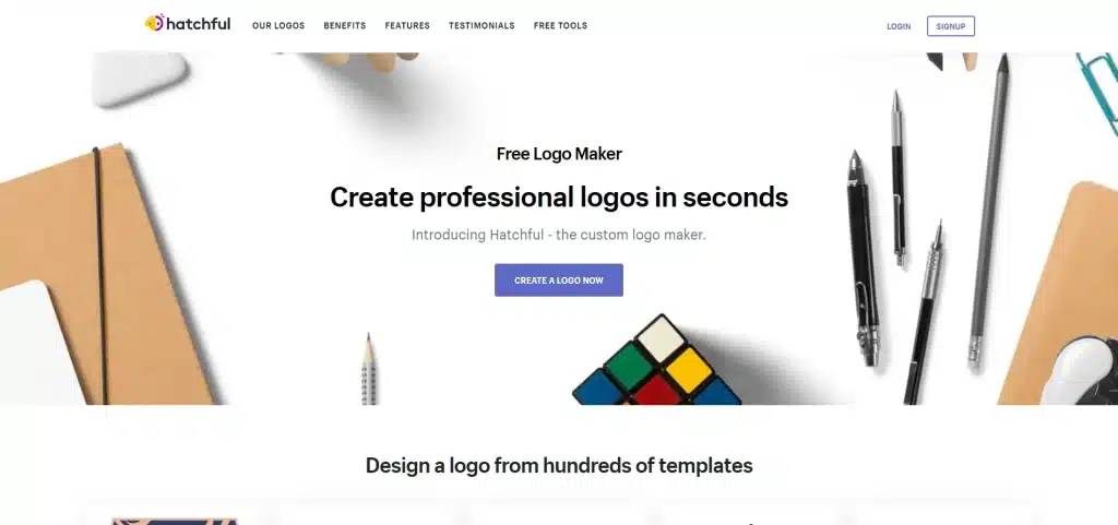 A webpage for Hatchful, a free logo maker utilizing AI prompts, showcasing options to create logos quickly using templates. The page includes a button to create a logo, various office supplies, and a Rubik's Cube.