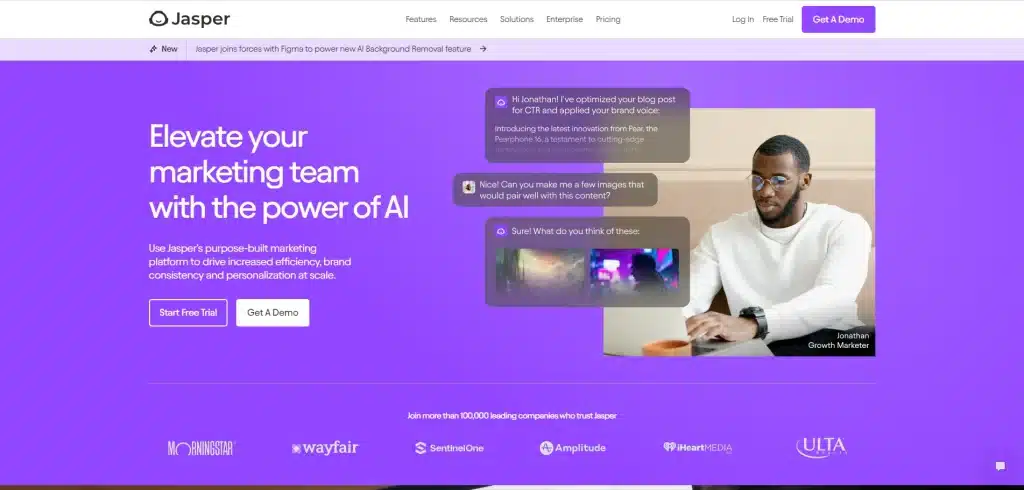 A man working on a laptop, surrounded by text showcasing Jasper's AI marketing tool features on a purple background. The interface displays benefits like optimizing blog posts, creating personalized content, and utilizing AI prompts.