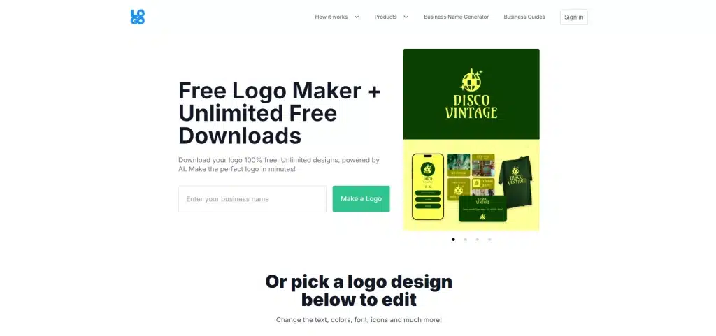 Screenshot of a website offering free logo maker and unlimited downloads. The page features AI prompts, a sample logo design, input fields, and buttons for creating and editing logos.