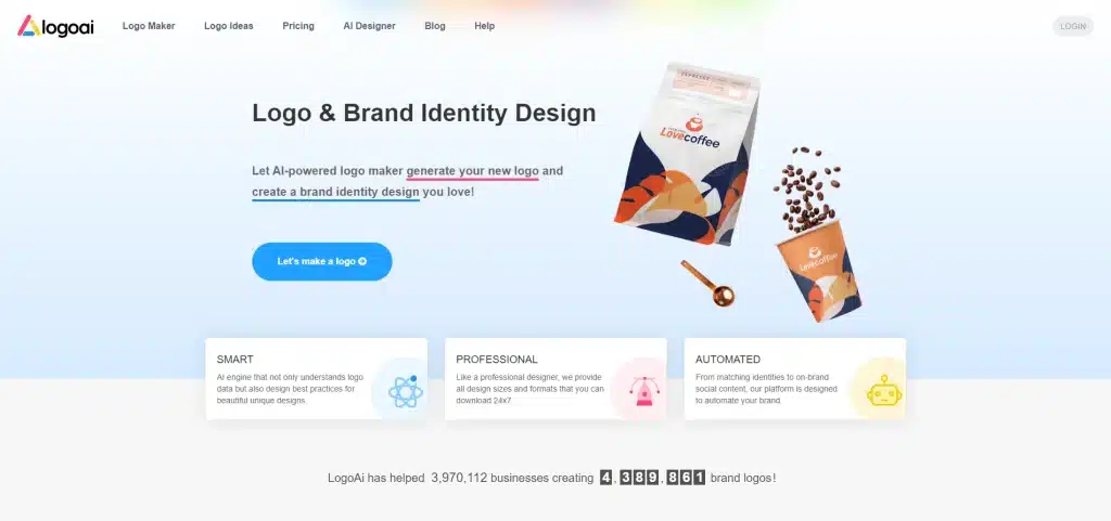 Screenshot of LogoAI website showcasing services for logo and brand identity design. Includes a "Let’s make a logo" button, and three key features: Smart, Professional, and Automated AI Prompts.