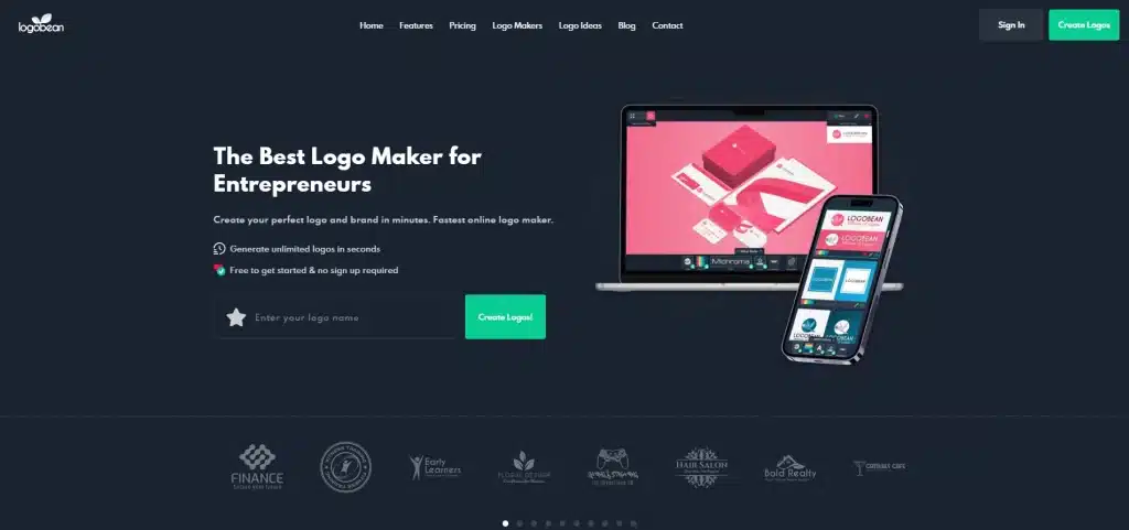 A dark-themed webpage promoting a logo maker tool powered by AI Prompts. The title reads "The Best Logo Maker for Entrepreneurs." A laptop and a smartphone display logo designs. A green button says "Create logo.