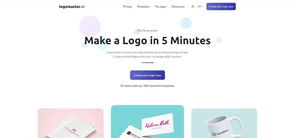 Screenshot of a website called Logomaster.ai, offering tools to create a logo in 5 minutes. The site displays options for creating a logo instantly, using templates and AI prompts, with example images of logos on products.