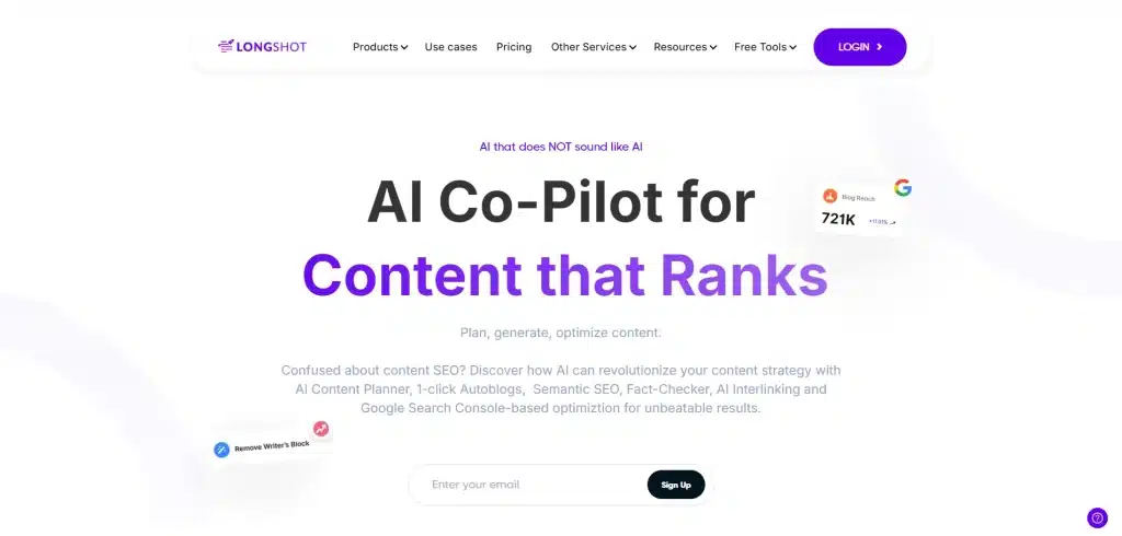 Screenshot of LongShot AI webpage displaying the headline "AI Co-Pilot for Content that Ranks" with subtext about optimizing and generating content using powerful AI prompts, a signup form, and ratings from Google and other sources.