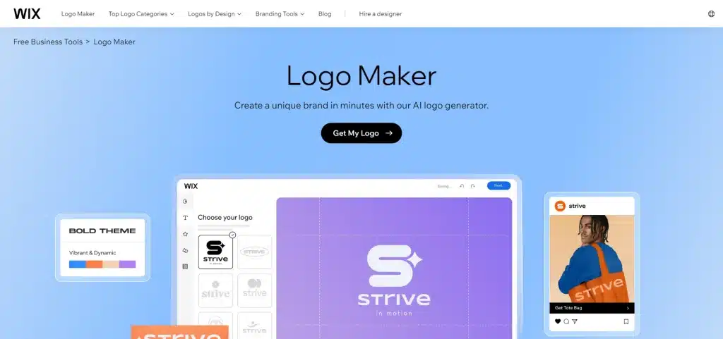 Screenshot of Wix's Logo Maker webpage showcasing the logo creation process, including AI prompts for logo selection, customization options, and a preview of a completed logo on a mockup template.