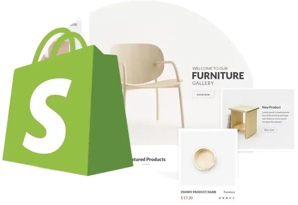 A green shopping bag with a white "S" is in front of a screen showcasing a Shopify furniture gallery, featuring minimalist wooden furniture items and product descriptions.