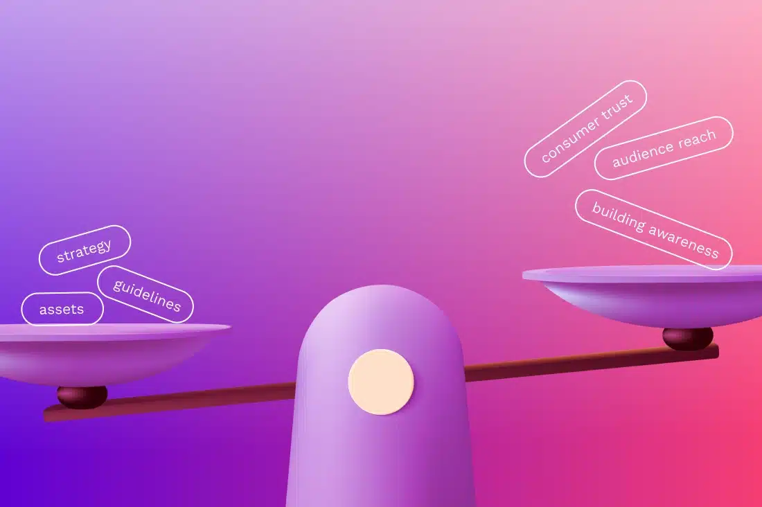 A balanced scale against a gradient background, with one side labeled 'strategy,' 'assets,' and 'guidelines,' and the other labeled 'consumer trust,' 'audience reach,' and 'building awareness.' This illustration captures the essence of brand development in a comprehensive guide to achieving success.