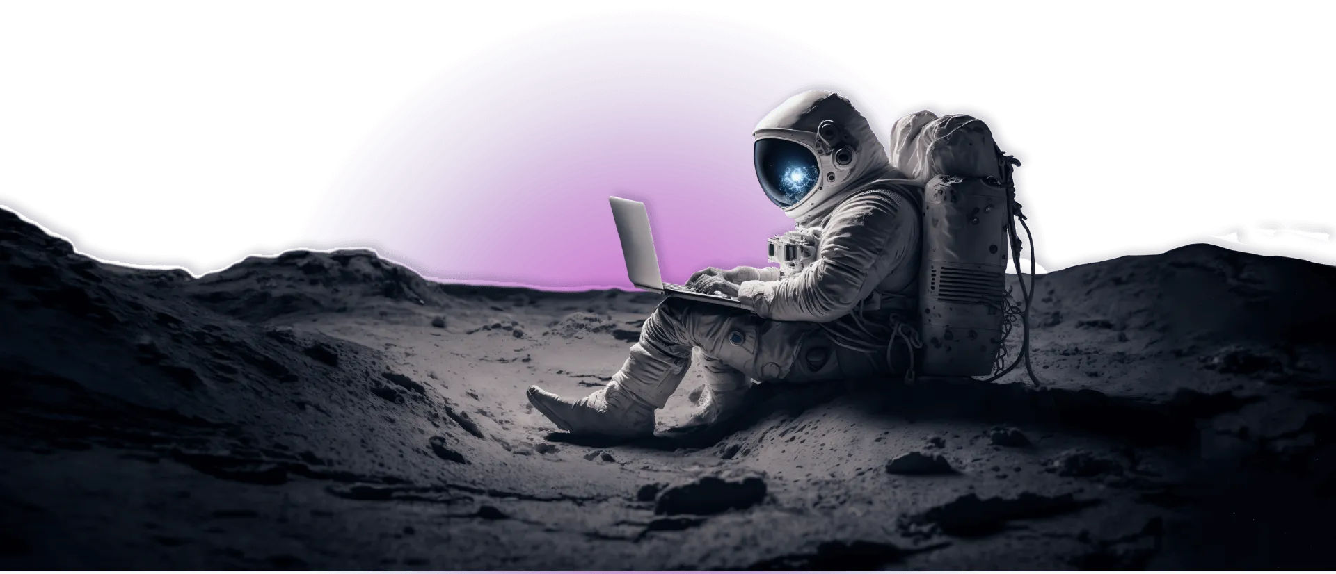 Astronaut in a spacesuit sits on the rocky surface, using a laptop with a purple glow creating an ethereal main highlight in the background.