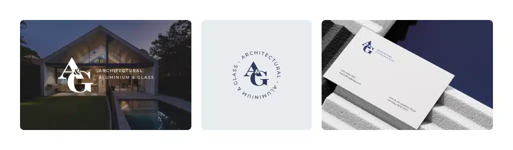 The image features a modern house with a logo reading "AG Architectural Aluminium & Glass," a circular logo with the same text, and a business card design displaying similar branding, exemplifying brand building through consistent visual elements.