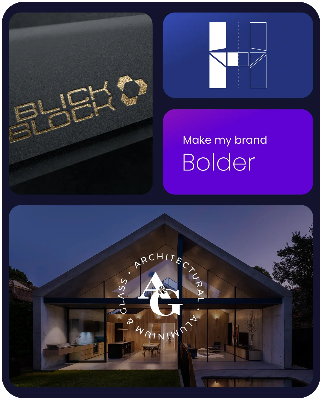 A promotional graphic featuring the "Blick Block" logo, a modern house exterior, and the phrase "Make my brand Bolder" with design blueprints and "AG" logo overlay. Perfect for enhancing your branding and SEO strategies.