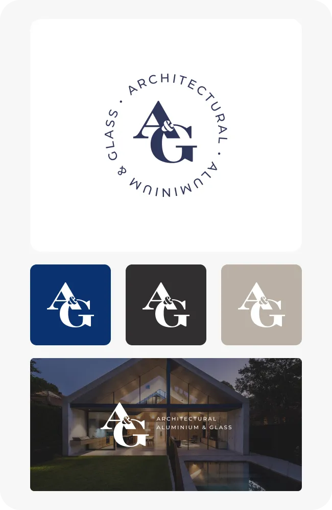 Logo of "A&G Architectural Aluminium & Glass" in various color schemes, featuring a modern house exterior at the bottom with their branding.