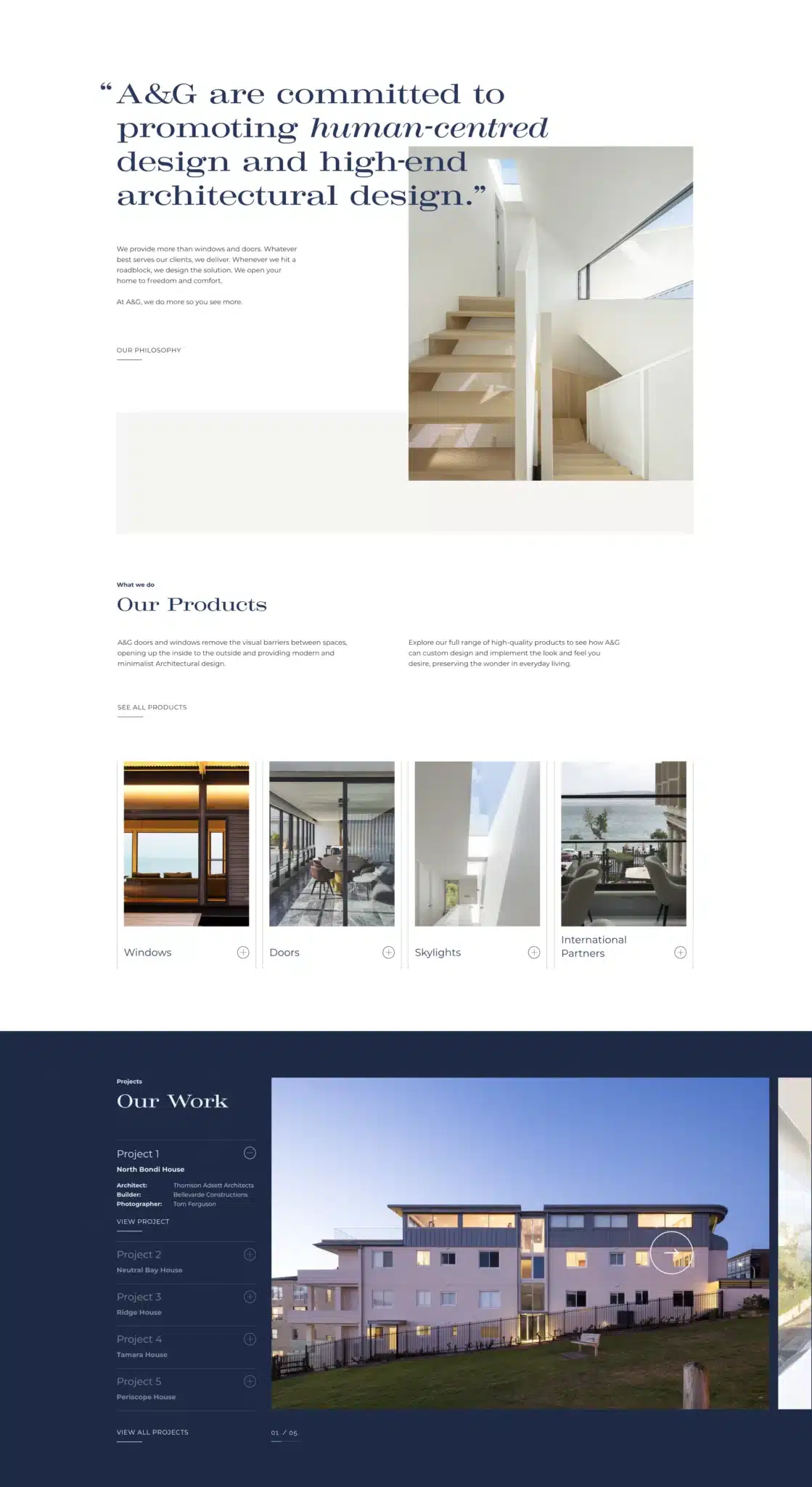 A&G's architectural design website showcases a modern staircase, windows, doors, skylights, and residential projects. It includes an insightful quote on human-centered design emphasis.