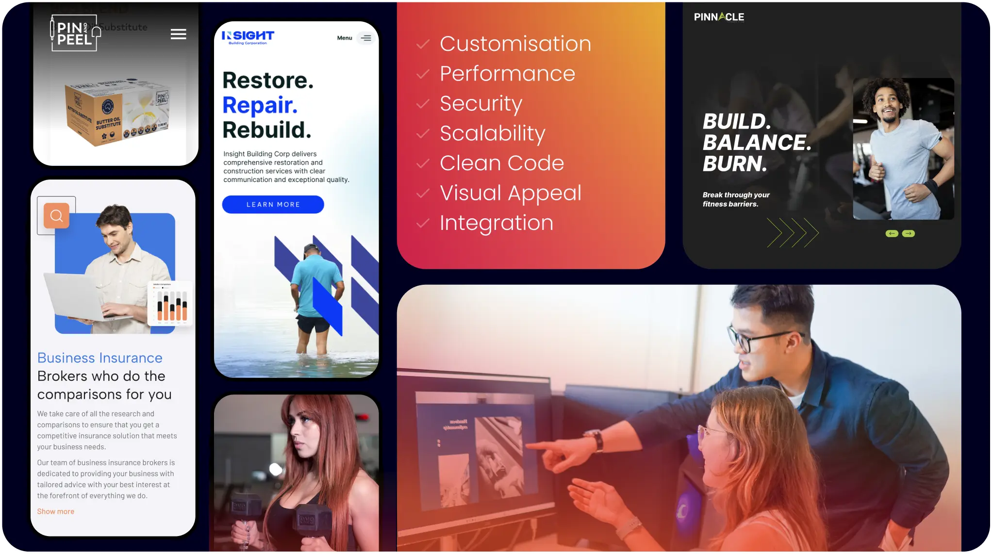 A collage of app interfaces, tech products, and people using devices highlights the customization, performance, security, and scalability of website development, showcasing visual appeal through platforms like WordPress.
