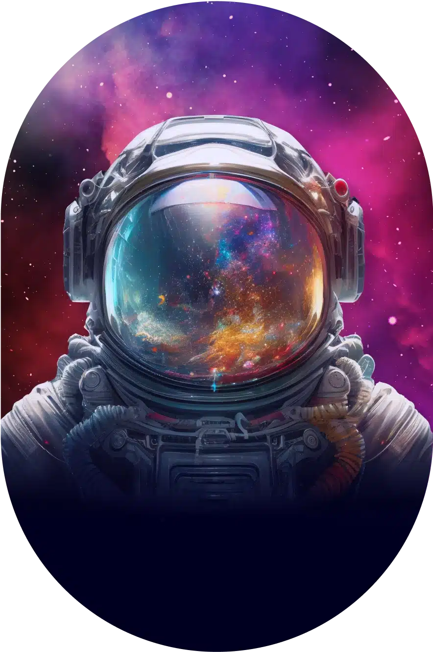 The astronaut helmet reflects a colorful galaxy, set against a vibrant cosmic backdrop, much like the seamless design achieved with top-tier website development on platforms like WordPress.