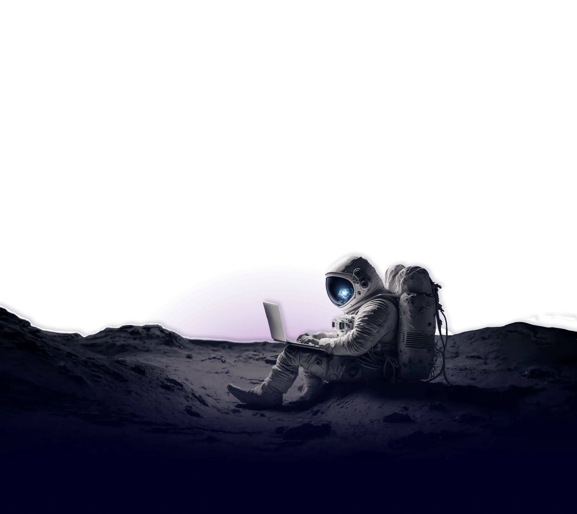 An astronaut sits on the lunar surface, typing away on a laptop. The celestial backdrop features a starry sky and a glowing purple planet, creating an otherworldly "Home Page" beyond imagination.