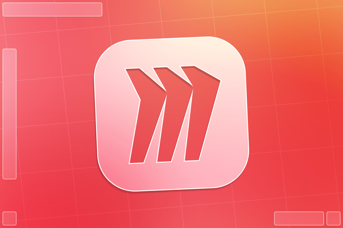 A dynamic logo featuring three forward-pointing arrows on a red and orange gradient background with a grid design, symbolizing drive and focused project results.