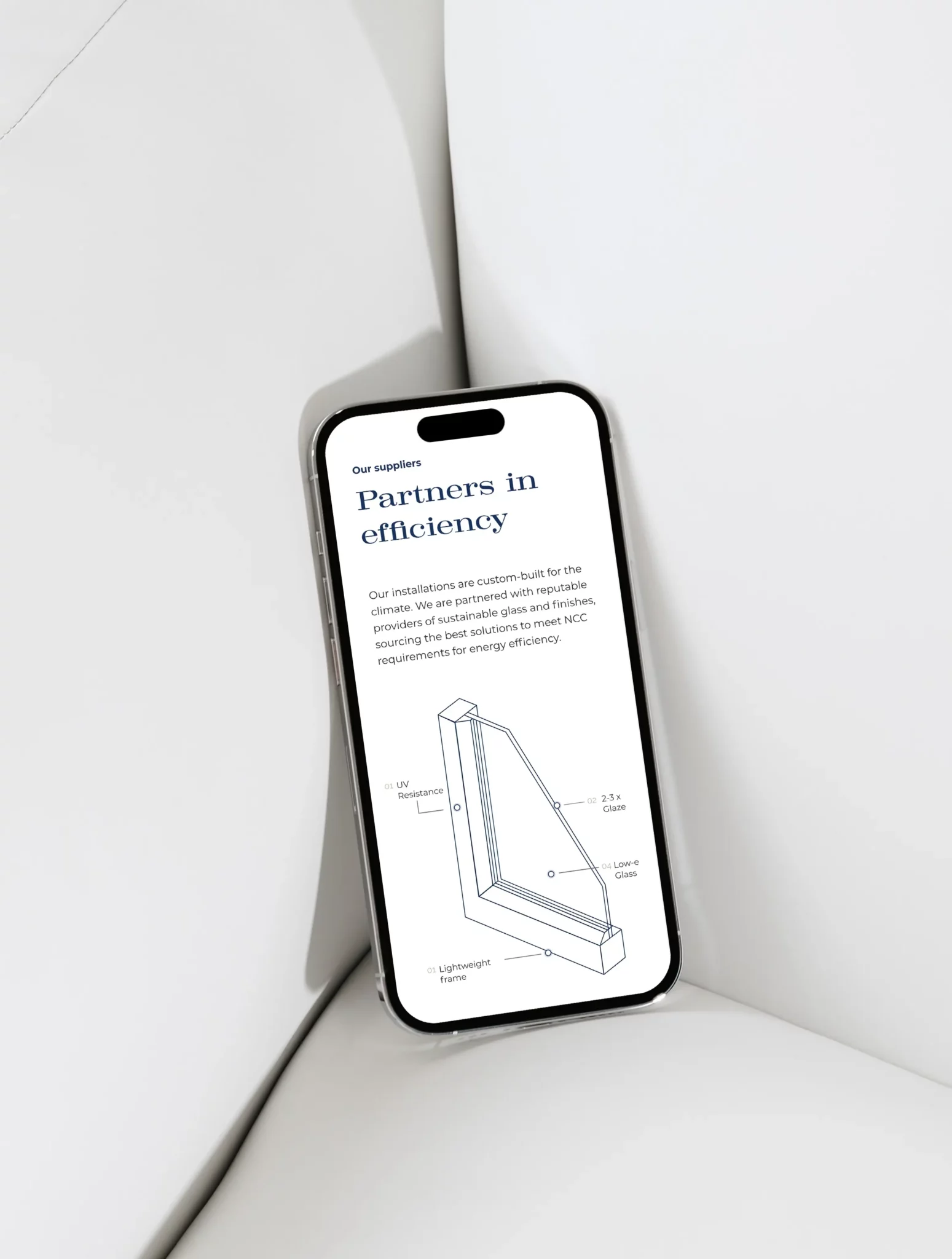 A smartphone showcasing a diagram of A&G's energy-efficient window installation is carefully placed on a sleek white surface.