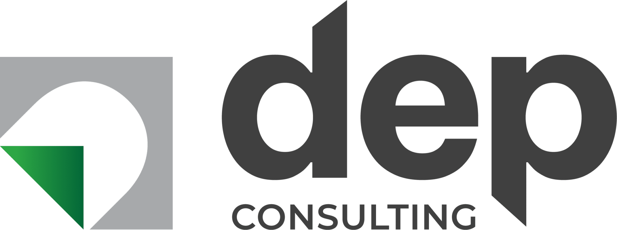 Logo of DEP Consulting featuring a stylized green and black geometric shape on the left, symbolizing a streamlined sales funnel, with the company name in bold letters on the right.