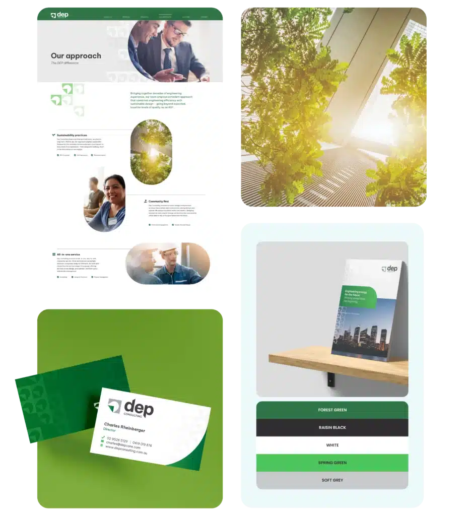 A branding presentation showcases key design elements, such as a brochure, business cards, and an inviting color palette. Emphasizing green and nature-focused imagery, it seamlessly integrates the sales funnel concept to ensure compelling brand storytelling.