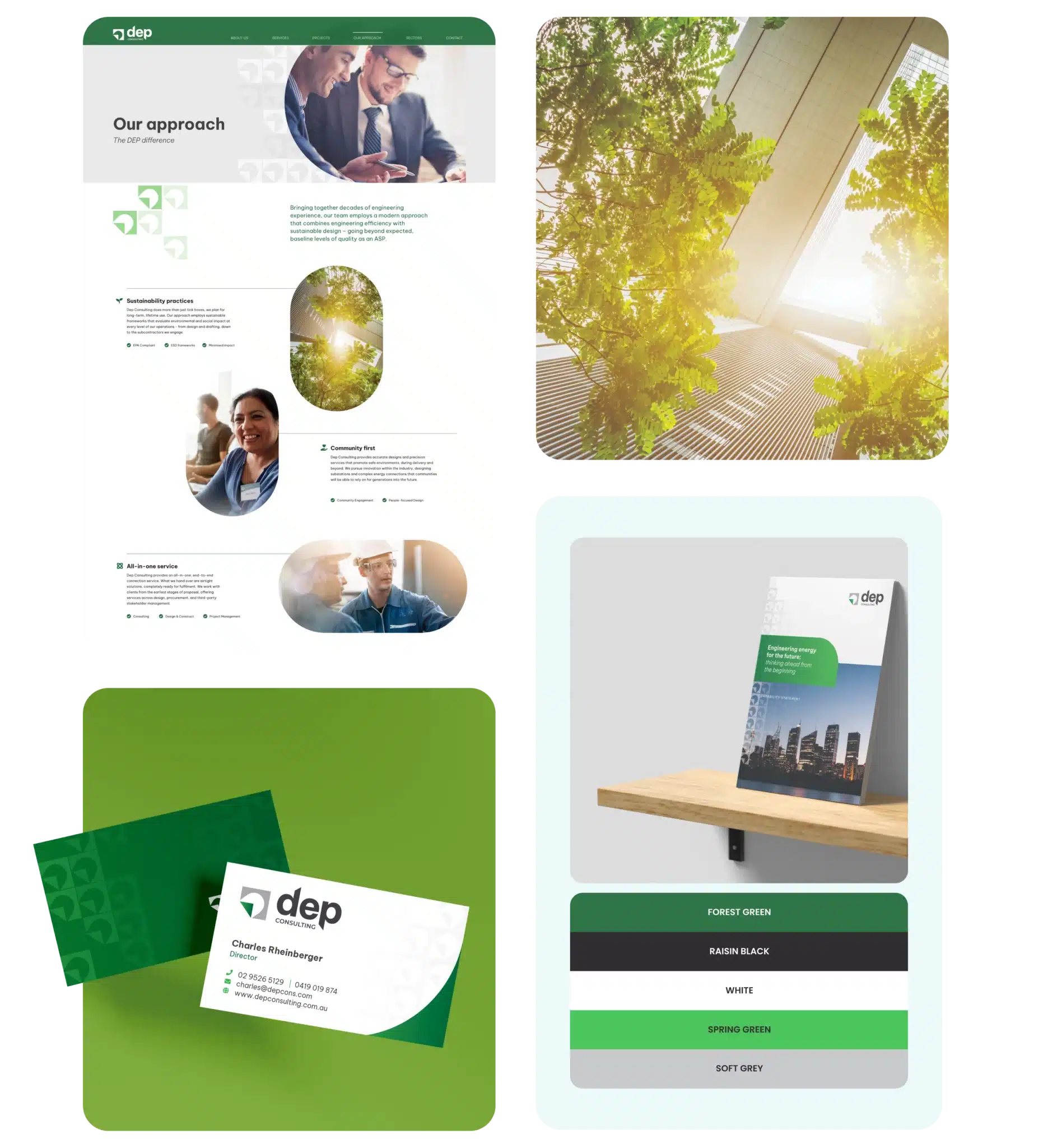 A branding presentation showcases key design elements, such as a brochure, business cards, and an inviting color palette. Emphasizing green and nature-focused imagery, it seamlessly integrates the sales funnel concept to ensure compelling brand storytelling.