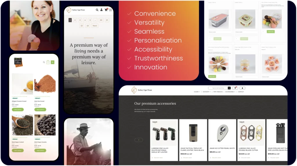 Collage of lifestyle, food, and accessories website designs, showcasing expert web development. Features include e-commerce product listings, a mobile view, and a checklist highlighting convenience and innovation.