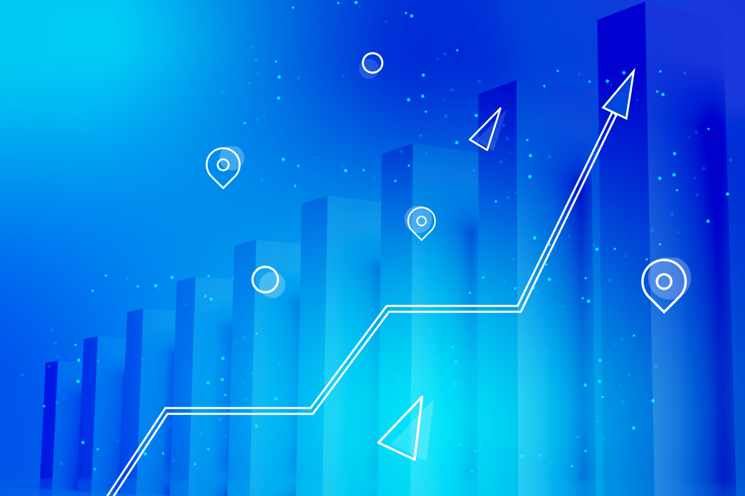 A blue gradient background features a 3D bar graph with a white upward-pointing line and arrow, symbolizing success. Map pin icons are scattered around, reflecting the growth of small businesses through effective local SEO strategies.
