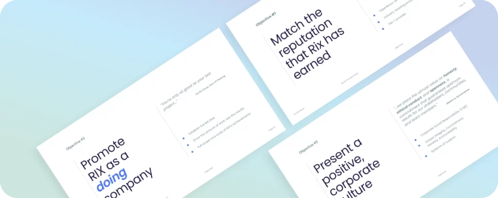 Four slides on a gradient background with text: "Promote RX as a dynamic branding company," "Match the reputation that RX has earned," and "Present a positive corporate culture.