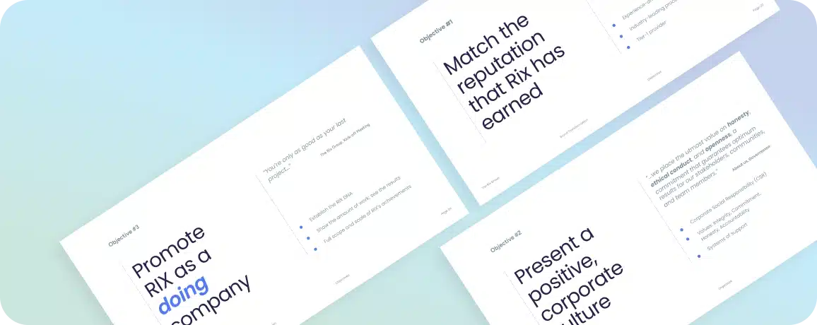 Four slides on a gradient background with text: "Promote RX as a dynamic branding company," "Match the reputation that RX has earned," and "Present a positive corporate culture.