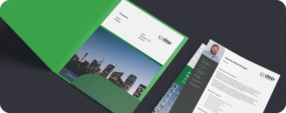 A green folder featuring a cityscape image and "dep" branding houses a resume with a profile picture, text blocks, and bullet points on a black surface—an exemplary piece of work from our construction branding experts.