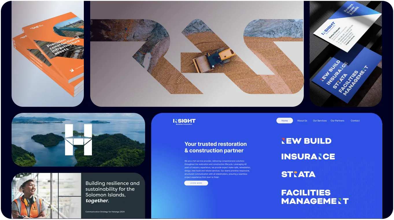 A dynamic collage showcasing the branding prowess of an agency, featuring brochures, a website, and a logo for a construction and insurance company.