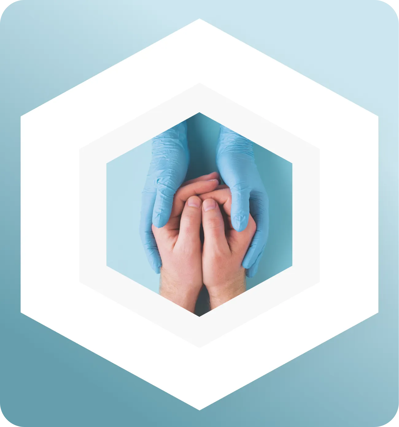 Hexagonal design featuring blue-gloved hands gently holding a person's hands on a light blue background, embodying the Proline Medical touch.
