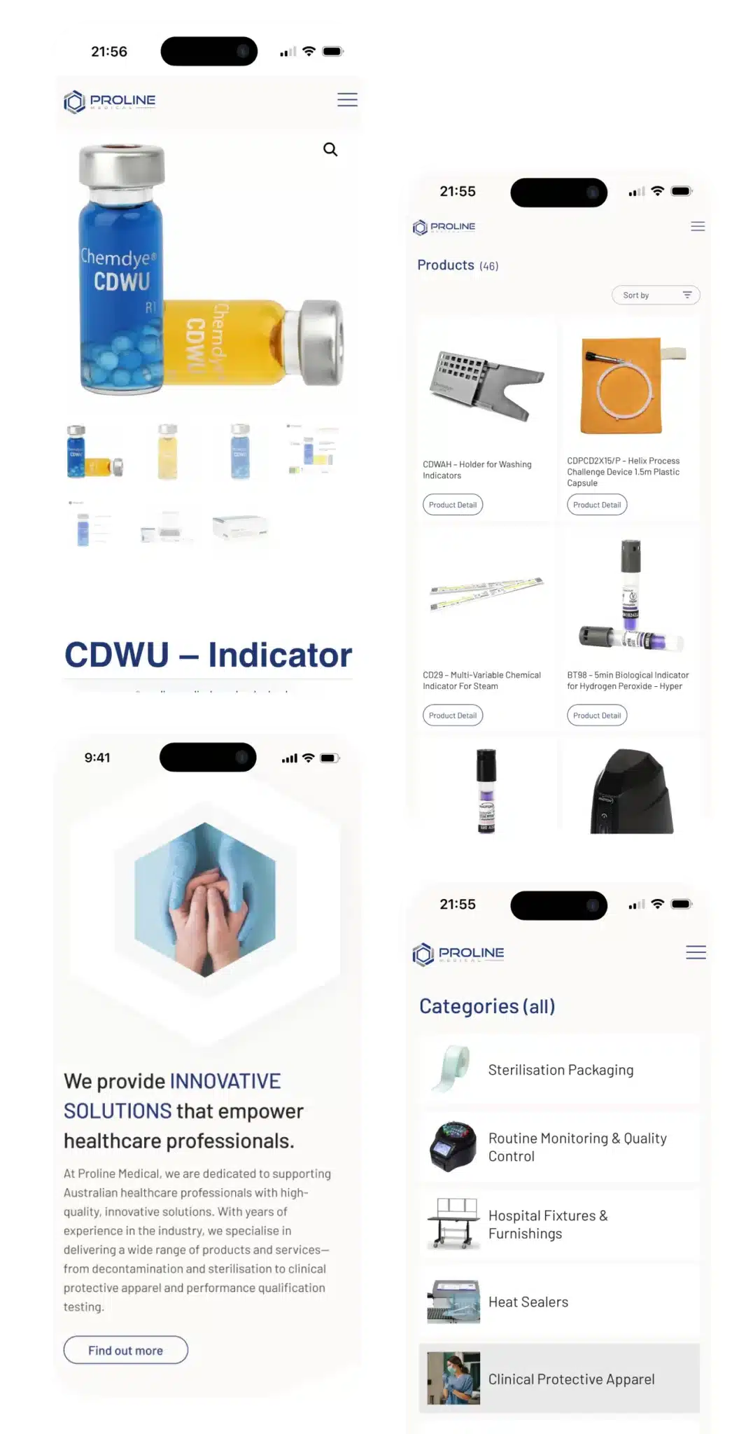 Collage of four mobile screenshots showcasing a Proline Medical supply website, featuring product images, categories, and a statement about innovative solutions for healthcare professionals.