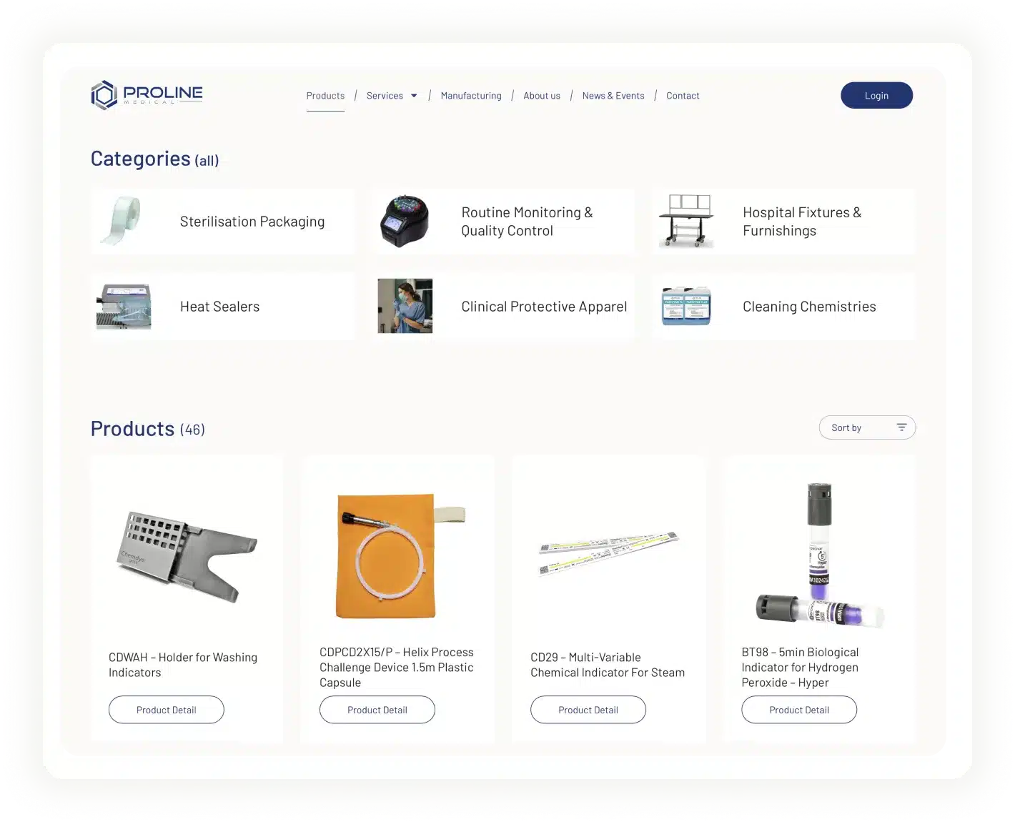 This screenshot of a Proline Medical webpage displays a variety of product categories focused on sterilization and monitoring. Each item is accompanied by images and convenient "Product Detail" buttons for easy navigation.