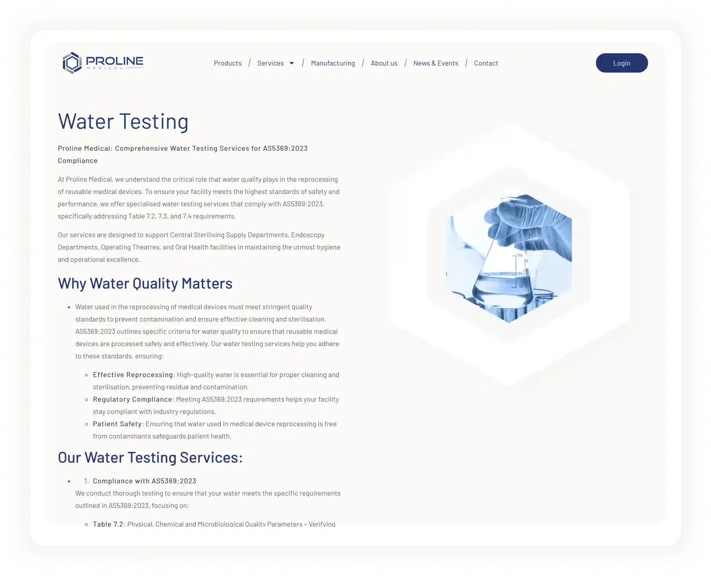 Proline Medical's webpage details our comprehensive water testing services and their critical importance. Explore sections on quality matters and discover our extensive list of services, backed by reliable medical equipment to ensure top-notch safety and standards.