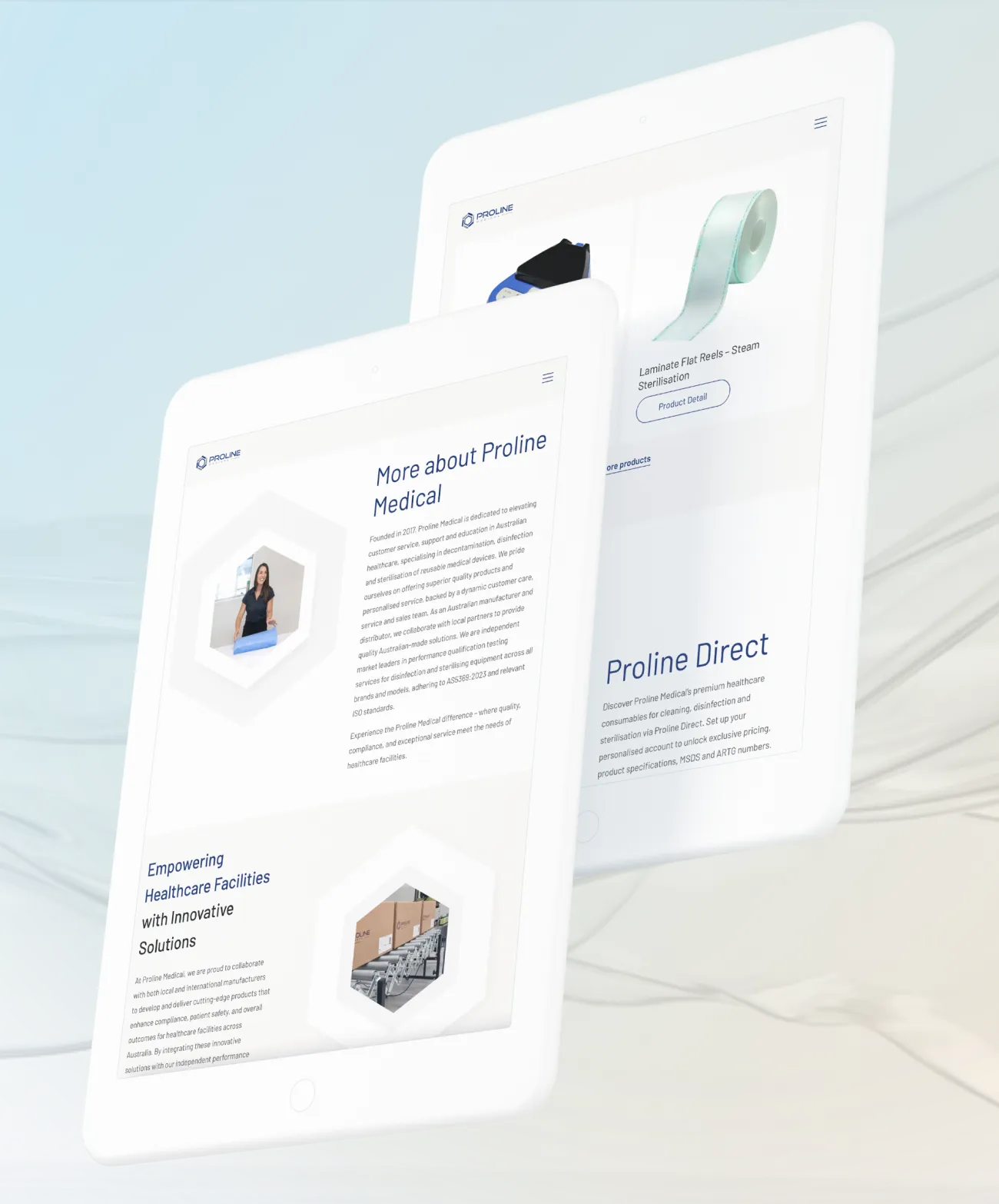 Two white tablets showcase a Proline Medical website, with detailed sections exploring the brand’s innovative medical products. The background boasts a soft blue and white abstract pattern, enhancing the sleek presentation.