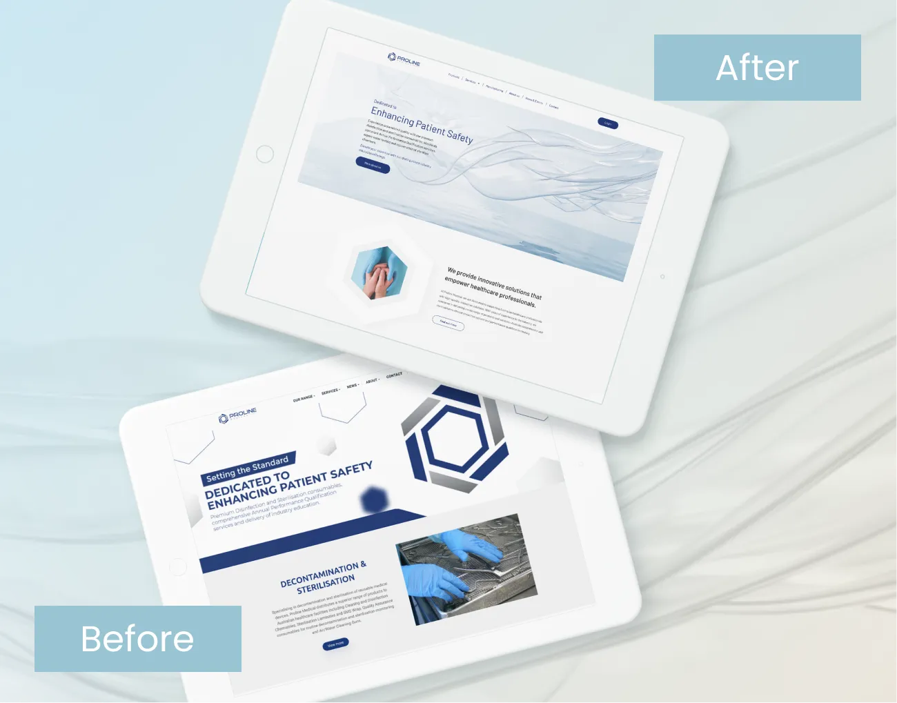 Two tablets display website designs labeled "Before" and "After," highlighting updates for Proline Medical with streamlined graphics and layout improvements on the latter, emphasizing efficient healthcare solutions.