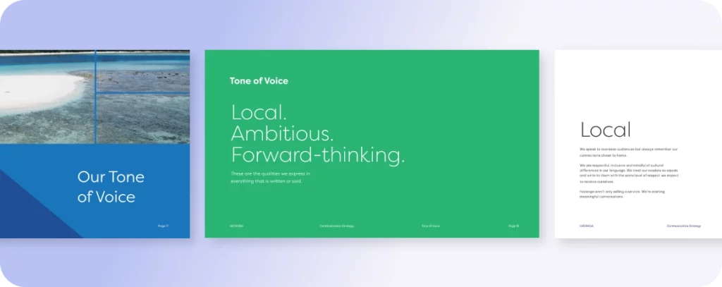 Presentation slide with a beach photo on the left and two text slides on the right. The middle slide highlights "Local. Ambitious. Forward-thinking." in white text on a green background, embodying our agency's commitment to innovative branding solutions.