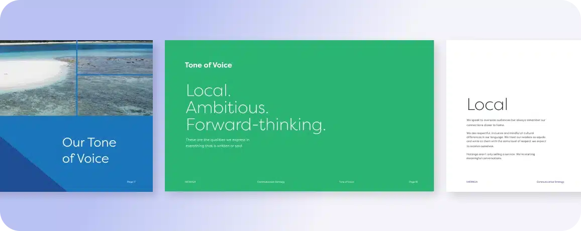 Presentation slide with a beach photo on the left and two text slides on the right. The middle slide highlights "Local. Ambitious. Forward-thinking." in white text on a green background, embodying our agency's commitment to innovative branding solutions.