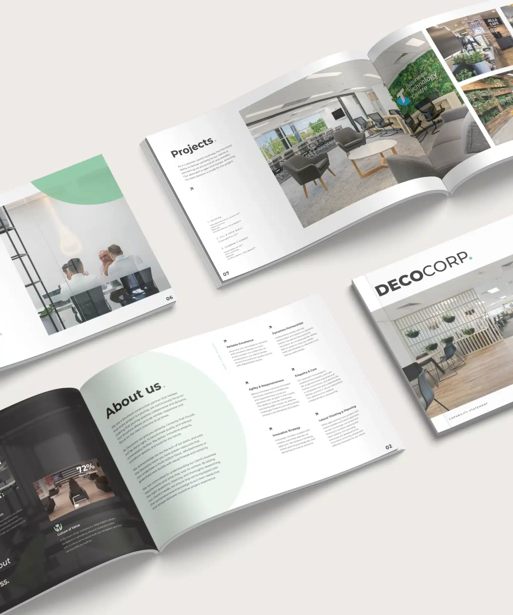 Four open brochures on a light surface, featuring pages about projects, company information, and office images, labeled "DecoCorp.