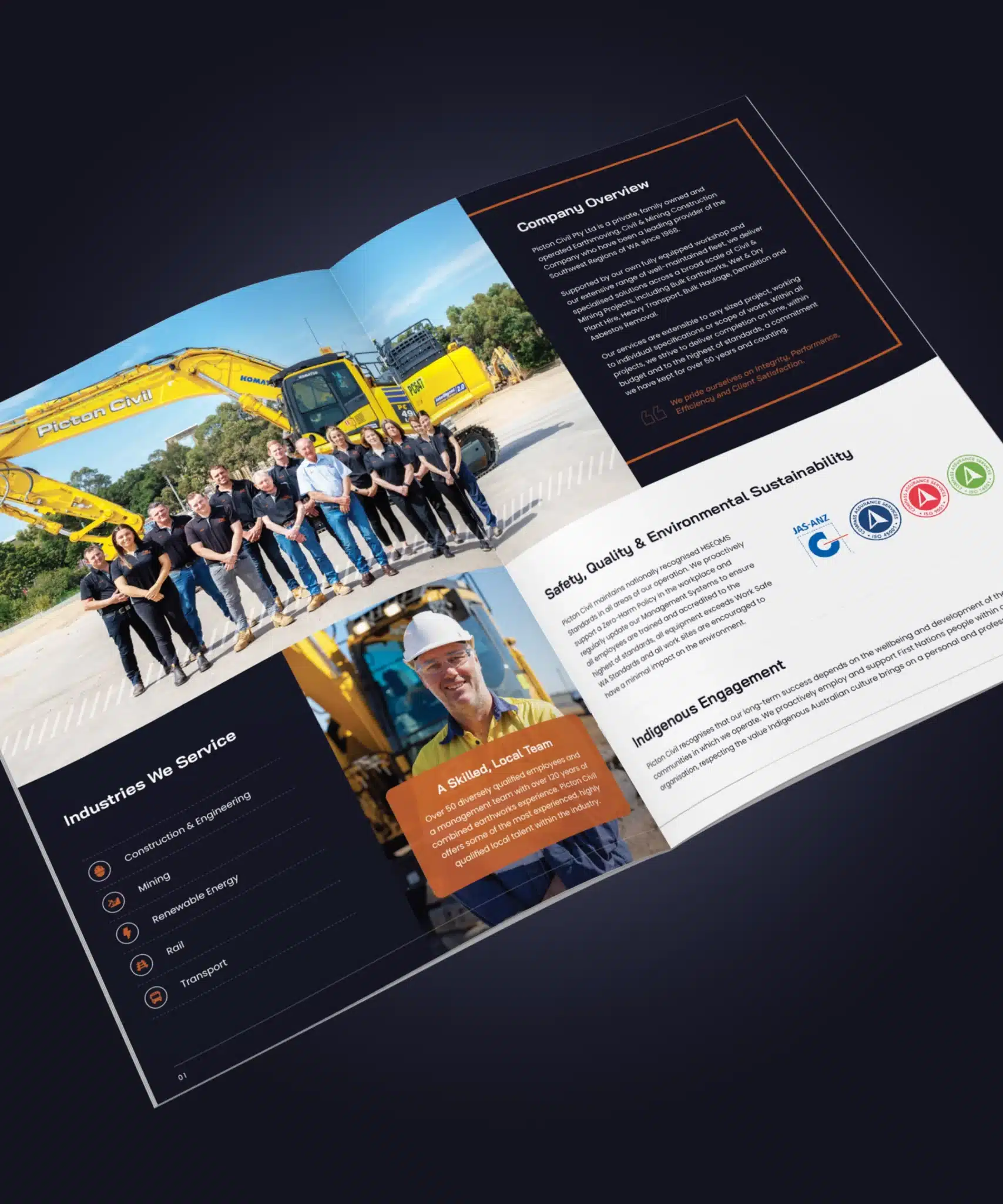 Open brochure on construction services, featuring a group of people in front of an excavator on one page and text about company overview, safety, and sustainability on the other.