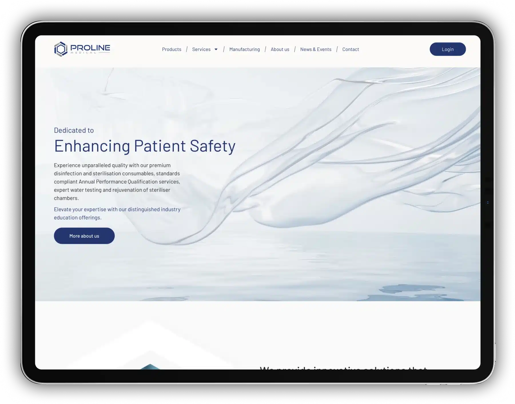 Welcome to the Proline Medical homepage, dedicated to enhancing patient safety. Navigate easily with links and a login button, all beautifully accented by abstract wave graphics.