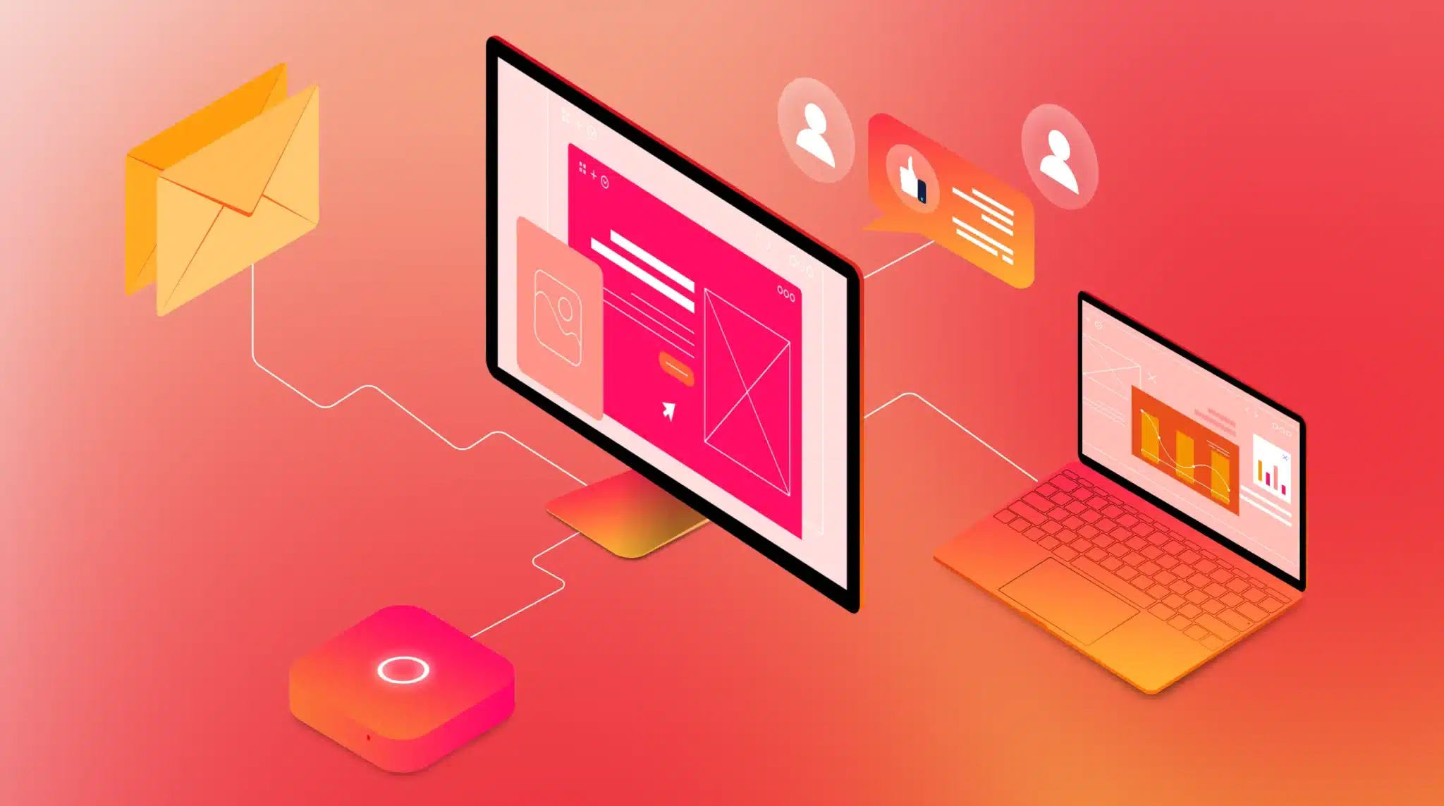 Digital illustration featuring connected devices: a tablet, laptop, and envelope icon on a gradient background, symbolizing integrated marketing solutions for business growth through effective communication and data transfer.
