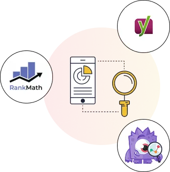 Illustration of a smartphone displaying statistics and a magnifying glass, surrounded by logos of RankMath, Yoast, and another SEO tool on an orange gradient background. Perfect for Australian businesses optimizing WooCommerce or Shopify platforms.