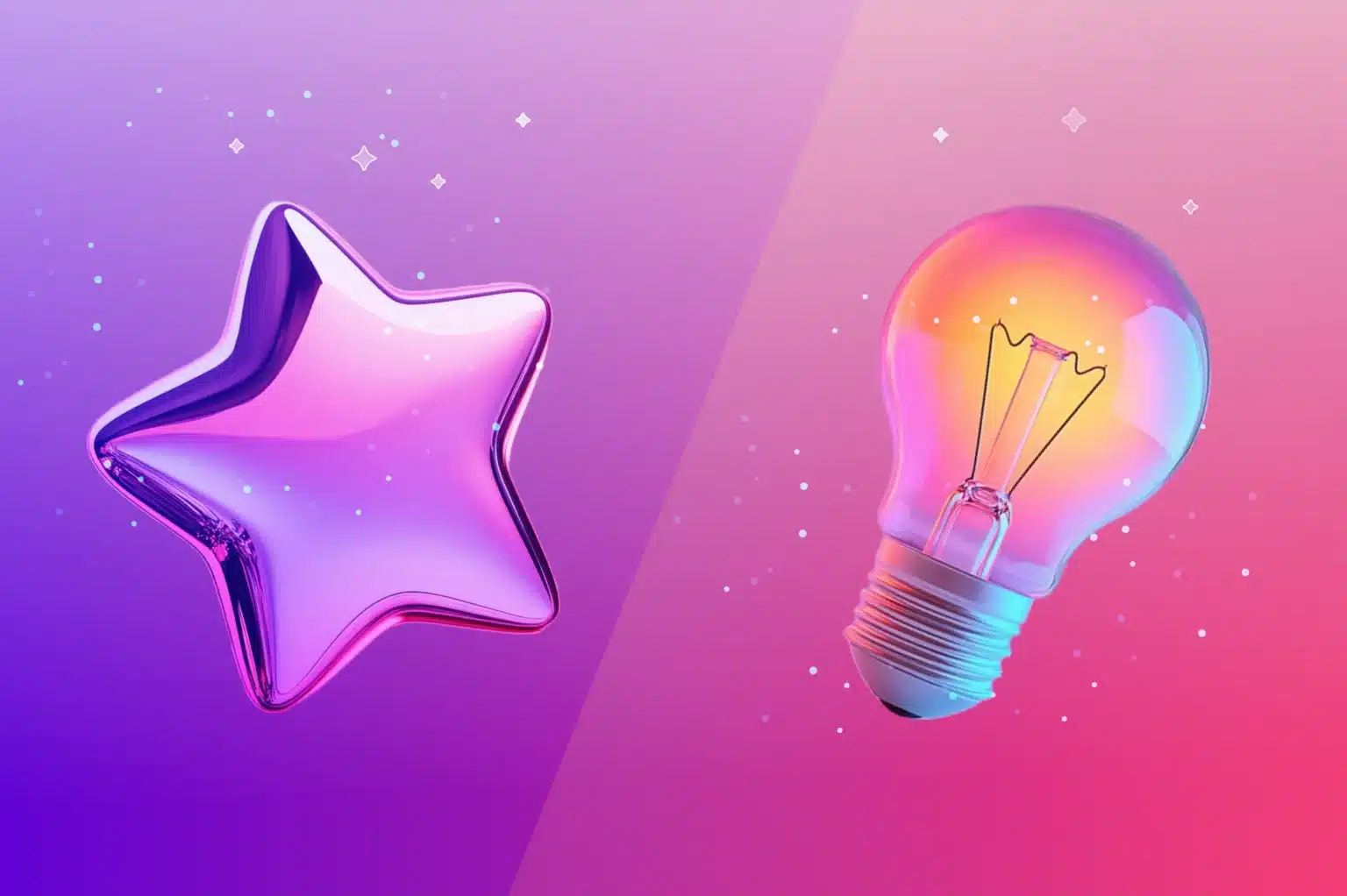 A shiny star and a glowing light bulb illuminate a gradient pink and purple background, with small sparkles highlighting the subtle difference in brand identity.