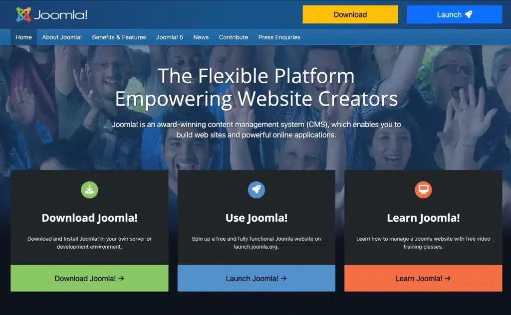 The Joomla website homepage offers options to download, use, or learn Joomla while featuring a banner promoting it as a flexible platform for website creation. Ideal for Australian businesses, it also serves as the perfect eCommerce CMS solution.