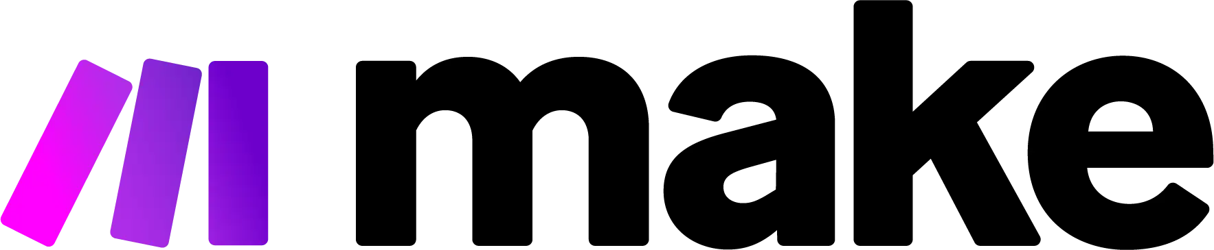 Logo displaying three purple vertical bars followed by the word "make" in black bold lowercase letters, symbolizing streamlined systems for business growth.