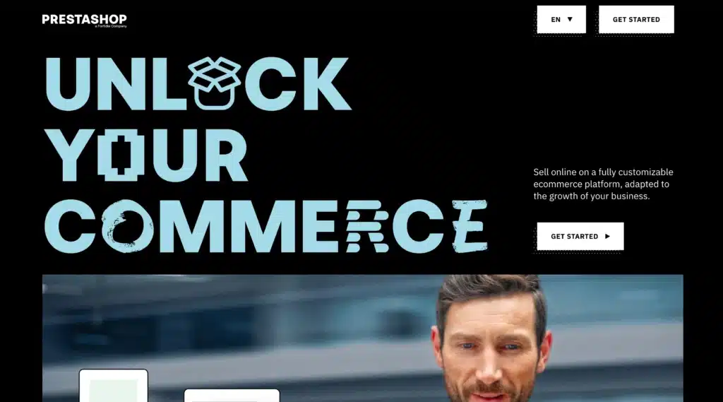 Website header with the text "Unlock Your Commerce" tailored for Australian businesses, offering a perfect eCommerce CMS. Options to change language or get started. Footer partially visible with PrestaShop logo.