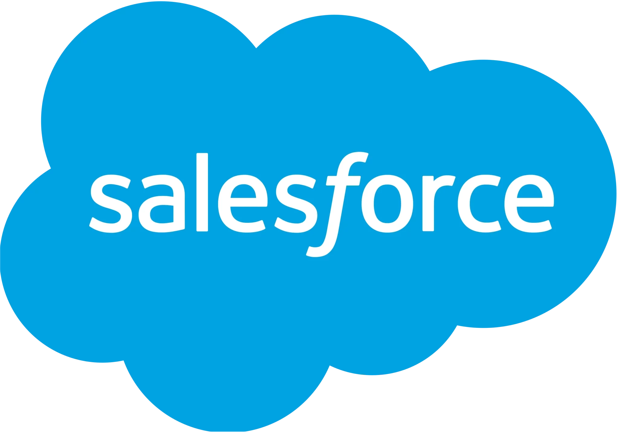 Salesforce logo, a beacon of seamless business growth, displays "salesforce" in white letters on a light blue cloud shape.