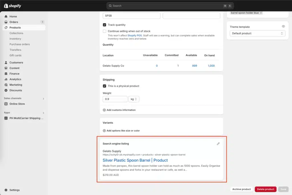 Shopify product editing page featuring inventory settings, shipping options, and search engine listing preview for a silver plastic spoon barrel—an essential tool for Australian businesses to streamline operations.